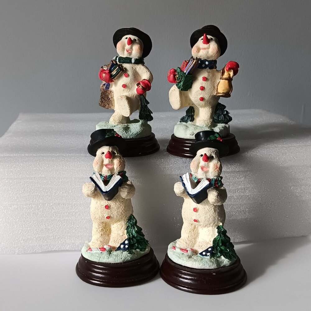 Vintage K's Collection Snowman Figurines 2 Carolers 2 Shoppers 4" Wood Ceramic